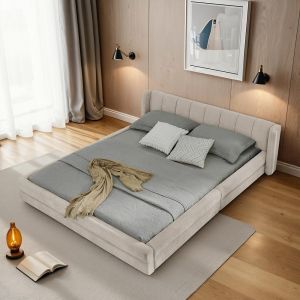Cama doble 160x200 cm tela chenille beige, cabecero acolchado