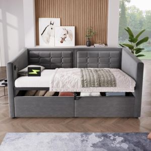 Canapé cama 90x200 cm velours con somier y almacenaje gris