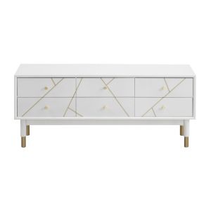 Mueble tv 6 cajones lacado blanco con frente decorado dorado, 120x40x50cm