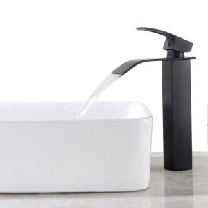 Grifo de lavabo de cascada negro, mezclador de lavabo cuadrado moderno de c