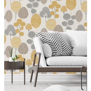 Papel pintado gaulan lavable de árboles gris y mostaza en bosque 5.23m²