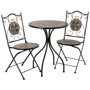 Conjunto mesa y 2 sillas de mosaico y forja marrón, mesa:d60x75h-silla