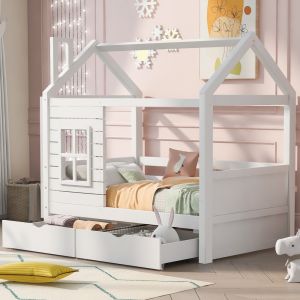 Cama casita 80x160 cm con cajones y barandilla madera maciza – blanco