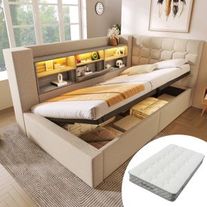 Cama tapizada 90x200cm LED carga almacenaje lino beige