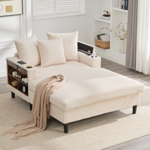 Sofá chaise longue de pana beige con LED usb almacenaje y 3 cojines