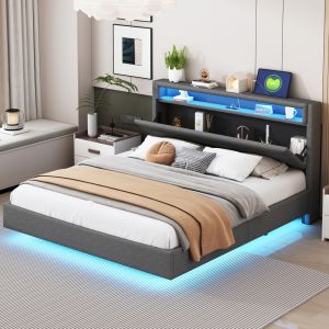 Cama tapizada 160x200 cm con usb, LED y cabecero reversible lino – gris