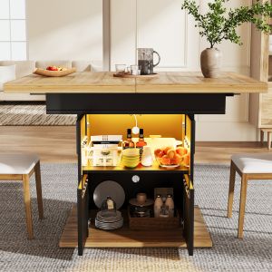 Mesa de comedor extensible con almacenaje y LED negro 76x110-140x80cm