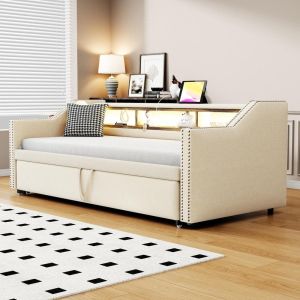 Sofá cama nido extensible 90x190/180 cm con LED, usb y colchón beige