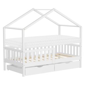 Cama infantil casa de madera blanca 70x140 cm con colchón y 2 cajones