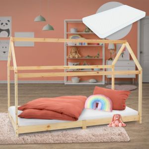 Cama infantil 90x200 cm natural con colchón h:16 cm ml-design