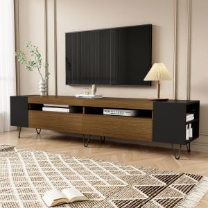 Mueble de tv con 2 puertas y estantes abiertos negro y madera 43x180x36cm