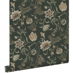 Estahome papel pintado flores vintage negro y verde 53 cm x 10.05 m
