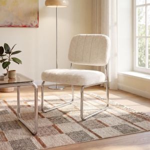 Sillón de chenilla beige con patas de metal cromado - Paola