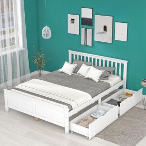 Cama doble 140x200cm madera pino con cajones almacenaje blanco