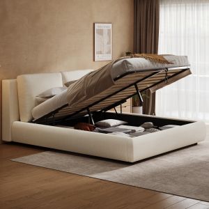 Cama tapizada 180x200cm con canapé y cabecero bouclé – color beige