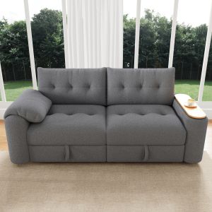 Sofá modular gris teddy 2-3 plazas almacenaje reposacabezas mesa giratoria