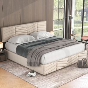 Cama de matrimonio180x200cm con canapé abatible en terciopelo – beige