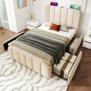 Cama tapizada 90x200cm con 4 cajones y usb tipo-c lino – beige