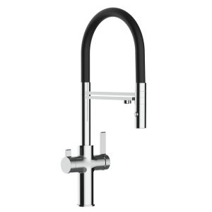 Grifo cocina 3 vías cromado FC caño negro flexible ducha 2chorros