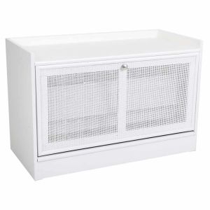 Banqueta zapatero de madera y rejilla blanca 80x38x53