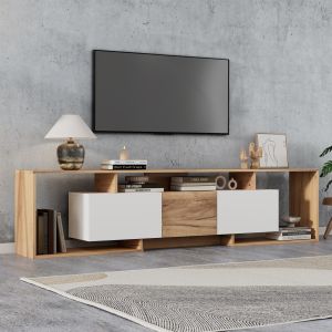 Mueble de tv con 2 puertas abatibles 1 puerta blanco y natural 49x180x30cm