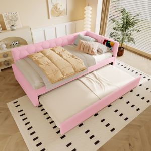 Cama tapizada 90x200cm con cama nido, usb y luz nocturna – rosa