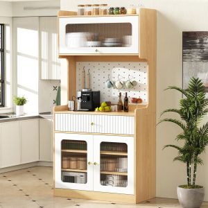 Aparador alto para cocina/salón con cajón LED natural blanco 180x80x40cm