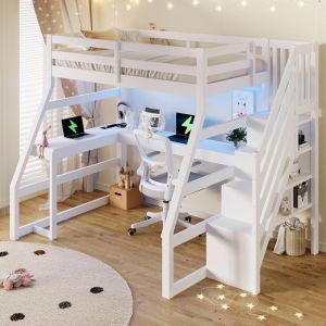 Cama alta 90x200cm escritorio LED, usb, escalera de almacenaje blanca