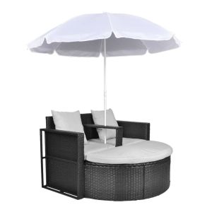 vidaXL cama de jardín con sombrilla ratán sintético negro