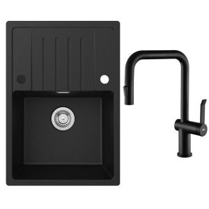 Fregadero de cocina de granito 65x45cm con escurridor + grifo extraíble neg