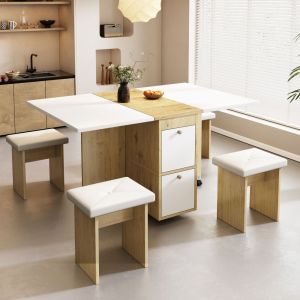 Conjunto de mesa y sillas plegable extensible blanco y roble con 4 sillas