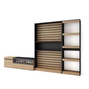 Muebles salón, 320x35x186cm, roble y negro, chimenea eléctrica rf2596