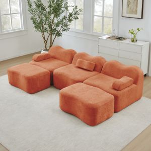 Sofá modular en u terciopelo naranja 3 plazas 2 otomanas asiento profundo