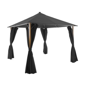 Gazebo de jardín 3x3m de aluminio efecto madera con cortinas y LED