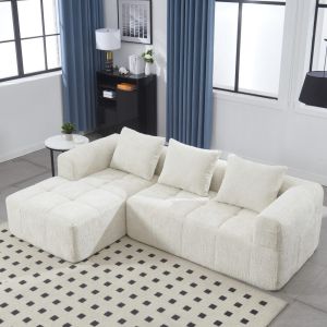 Sofá en l con chaise longue chenilla beige 3 plazas con cojines