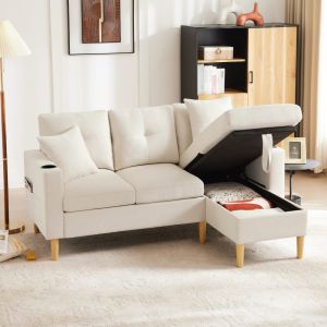Sofá chaise longue l algodón y lino beige 3 plazas con almacenaje y cojines