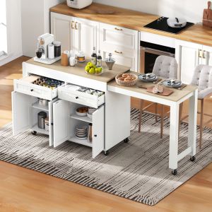 Isla cocina con ruedas 2 cajones encimera extensible blanco