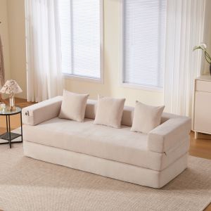 Sofá modular chenilla beige 3 plazas convertible bolsillos antideslizante
