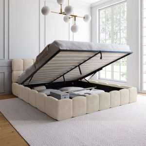 Cama arcón doble terciopelo beige - 180 x 200 cm
