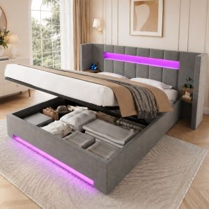 Cama baúl 160x200cm terciopelo gris oscuro con cabecero, usb y LED