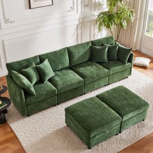 Sofá modular en l o en u chenilla verde 4-6 plasas con 2 pufs y 6 cojines