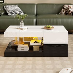 Mesa de centro,LED,tapa blanca con base negra