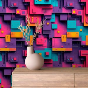 Papel pintado geek circuito geométrico color fucsia 60cm por 250cm