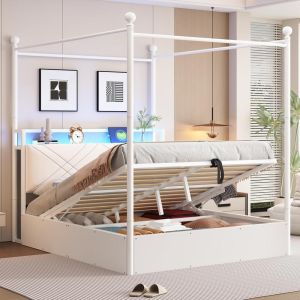 Cama doble 140x190cm con almacenaje baldaquin somier blanco