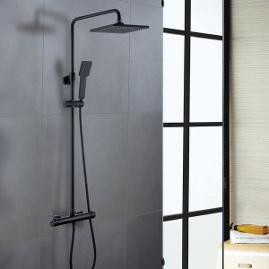 Kibath columna ducha termostática cuadrada de 83-120 cm negro mate de latón