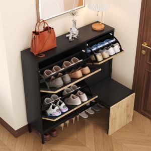 Zapatero con banco extraíble 3 puertas negro y natural 100x100x25cm