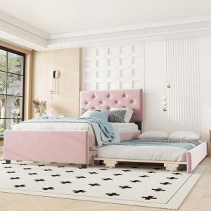 Cama 90x200cm con cama nido, somier de lamas y almacenaje, rosa