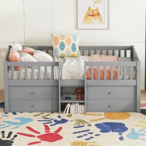 Cama semialta 90x200cm con 4 cajones, barrera y escalera, gris