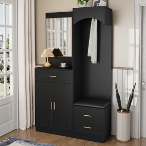 Mueble recibidor con zapatero espejo y banco negro 185,5x110x33cm