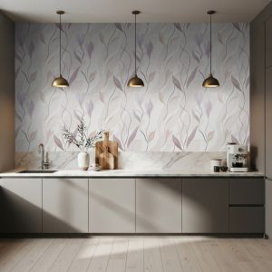Papel floral hojas abstractas  lavanda fondo beige claro 60cm por 300cm